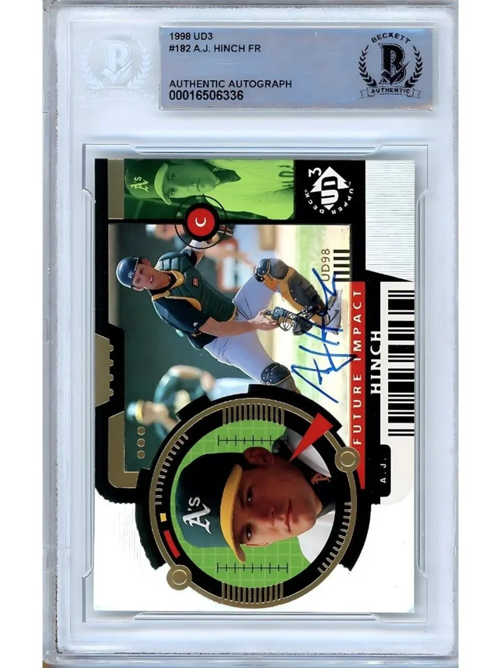 AJ Hinch Signed 1998 UD3 Future Impact #182 Athletics Baseball Card BAS Slab